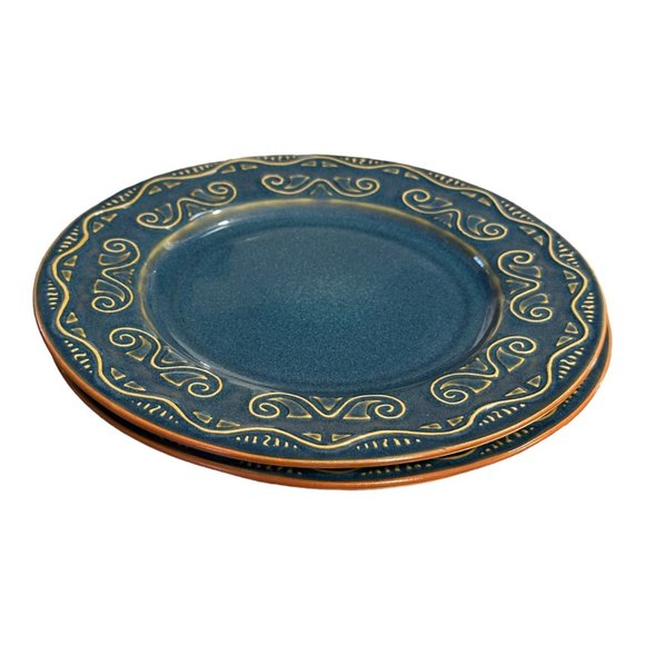 Set of 2 Pier 1 TUNISIA 8 1/2" Blue with Tan Scroll Lunch/Salad Plates - Picture 6 of 8